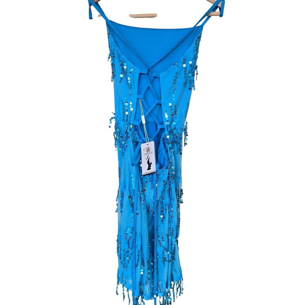 NWT OBEEII Medium Blue Sequins Fringe Sexy Bodycon Mini Dress [0026] - Picture 3 of 13